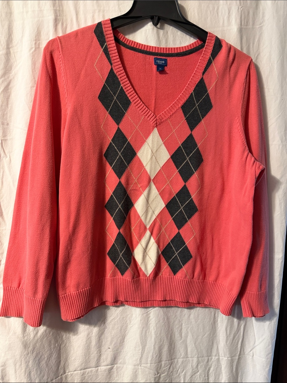 Izod Coral Pink Argyle V-Neck Sweater